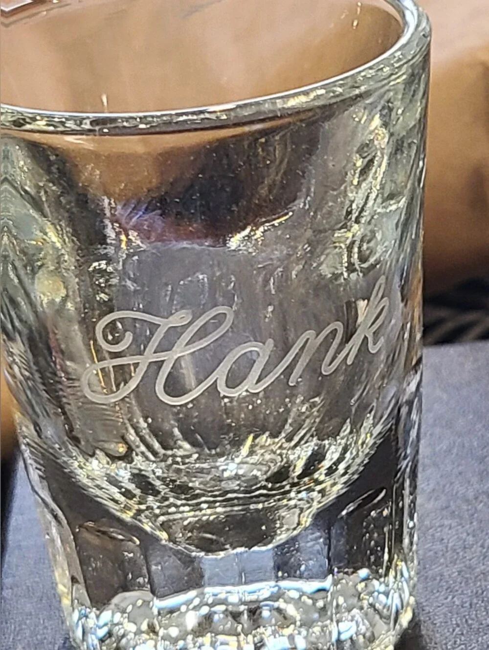 Vintage Clear Glass Shot Glass with 'Hank' Etching